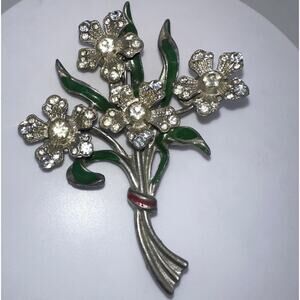 Staret vintage 1930s 1940s silver tone enamel clear rhinestones floral brooch
